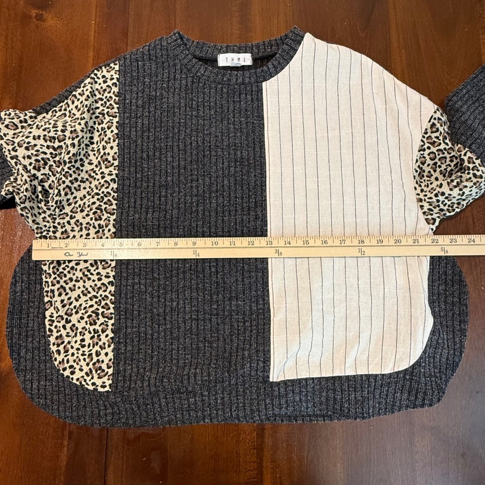 THML Womens Sweater Size S Gray Colorblock Leopard Pinstripe Ribbed Mixed Media - Picture 6 of 7